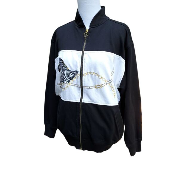 Vintage 90s Mureli Full Zip Sweatshirt Jacket Black White Gold Zebra 1990s Sz M - Picture 6 of 12